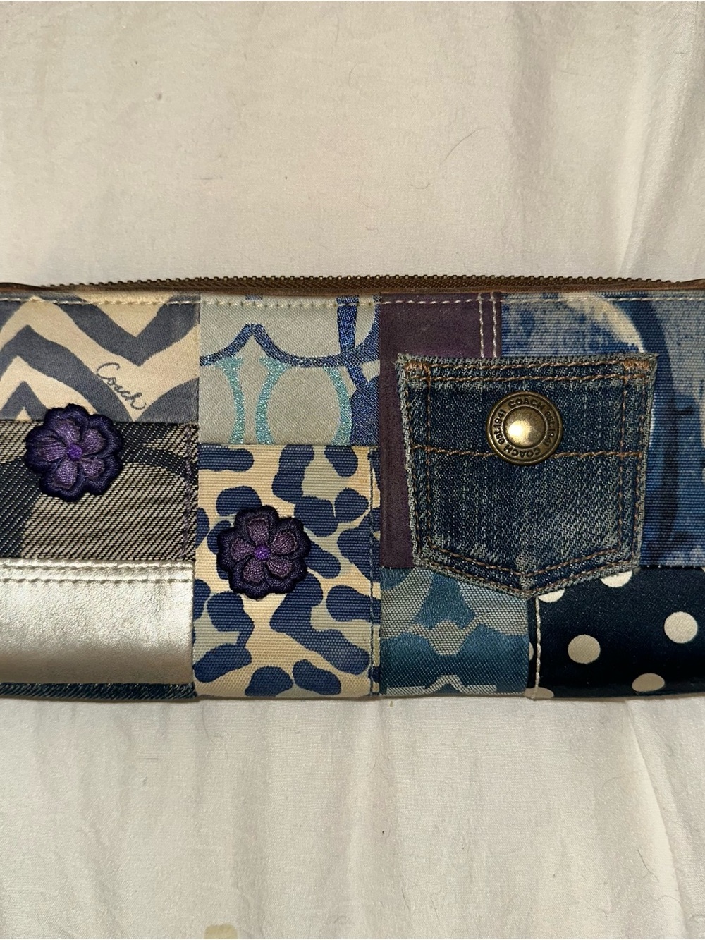 Coach Patchwork Denim & Navy Floral Embroidered Clutch